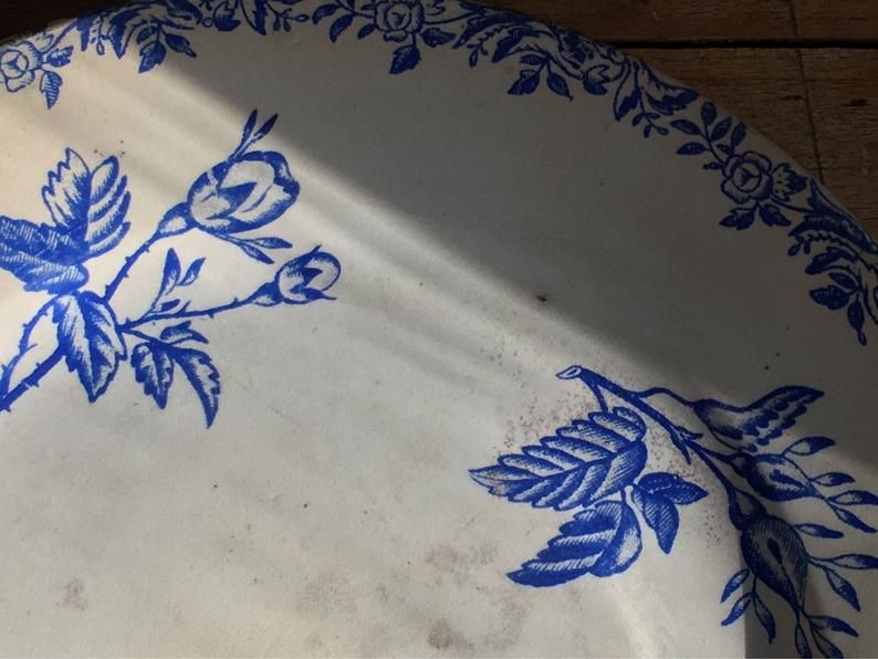 2 flat plates mismatched iron earth with blue flower motifs France
