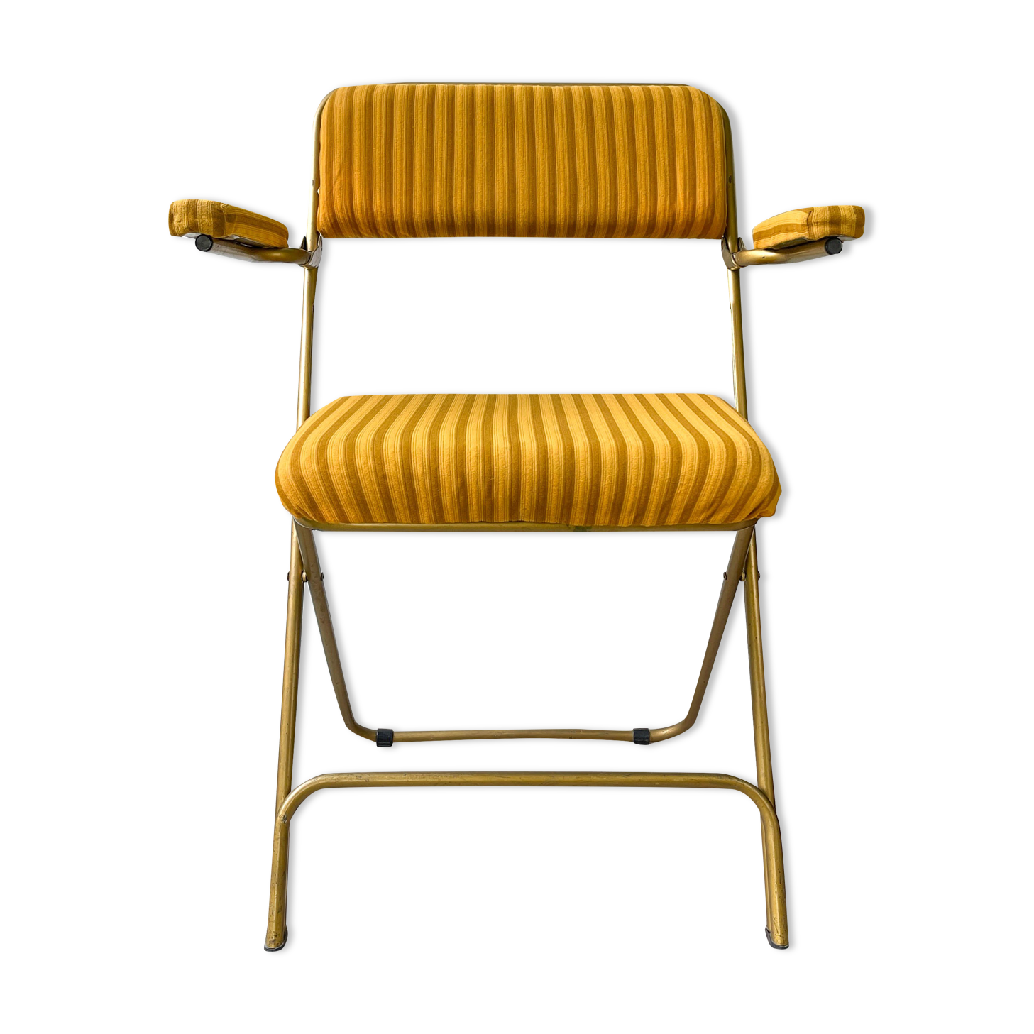 Vintage folding chair LAFUMA gold striped yellow fabric