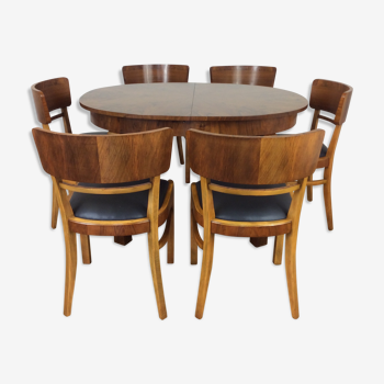 Art deco extendable dining table and six chairs by Jindrich Halabala