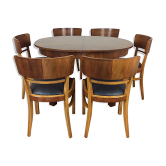 Art deco extendable dining table and six chairs by Jindrich Halabala