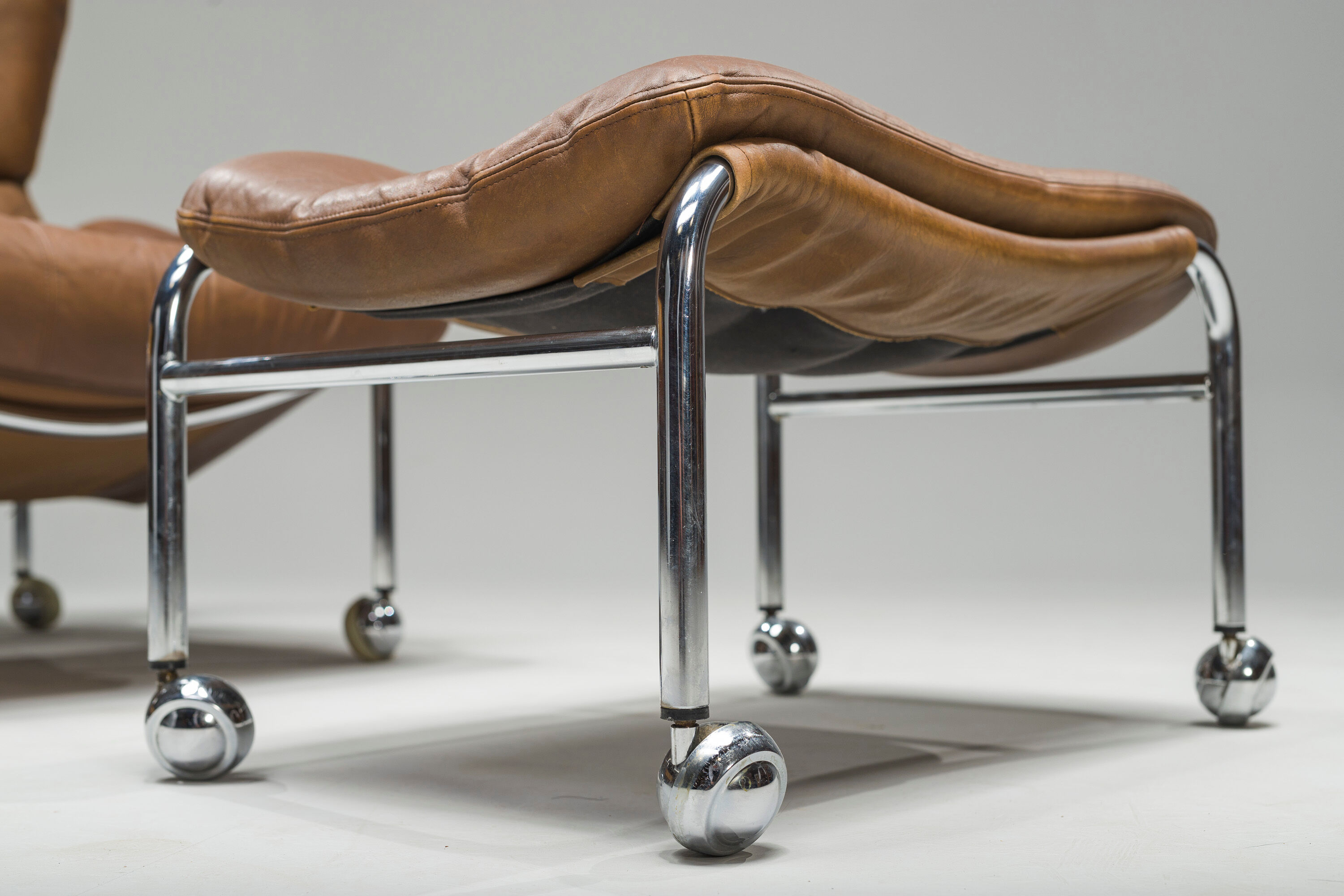 Swedish Lounge Chair and Ottoman in Chrome and Brown Leather by Scapa Rydaholm, 1960s, Set of 2