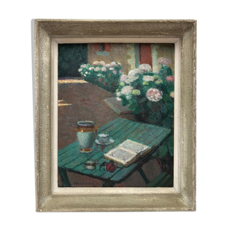 Emile Mesnager oil panel composition on table 1940 flower bouquet