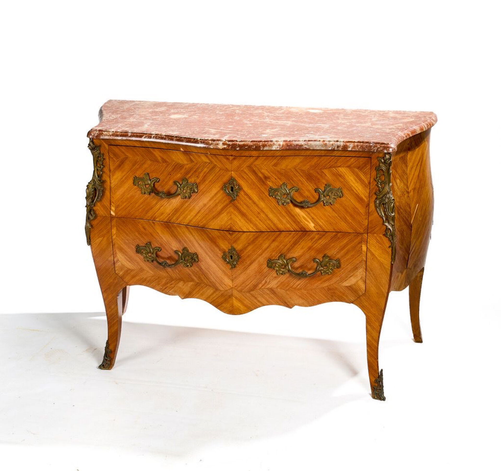 Curved Louis XV style commode in rosewood and red marble, fine.