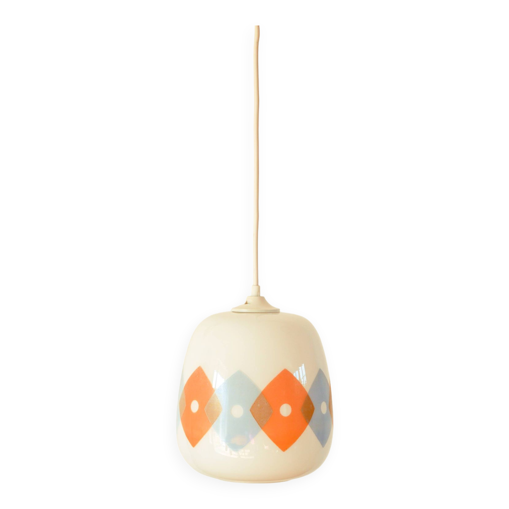 Suspension en opaline blanche à motifs géométriques orange et bleu Design 1970