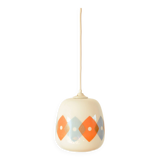 Suspension in white opaline with orange and blue geometric patterns Design 1970