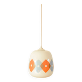 Suspension in white opaline with orange and blue geometric patterns Design 1970