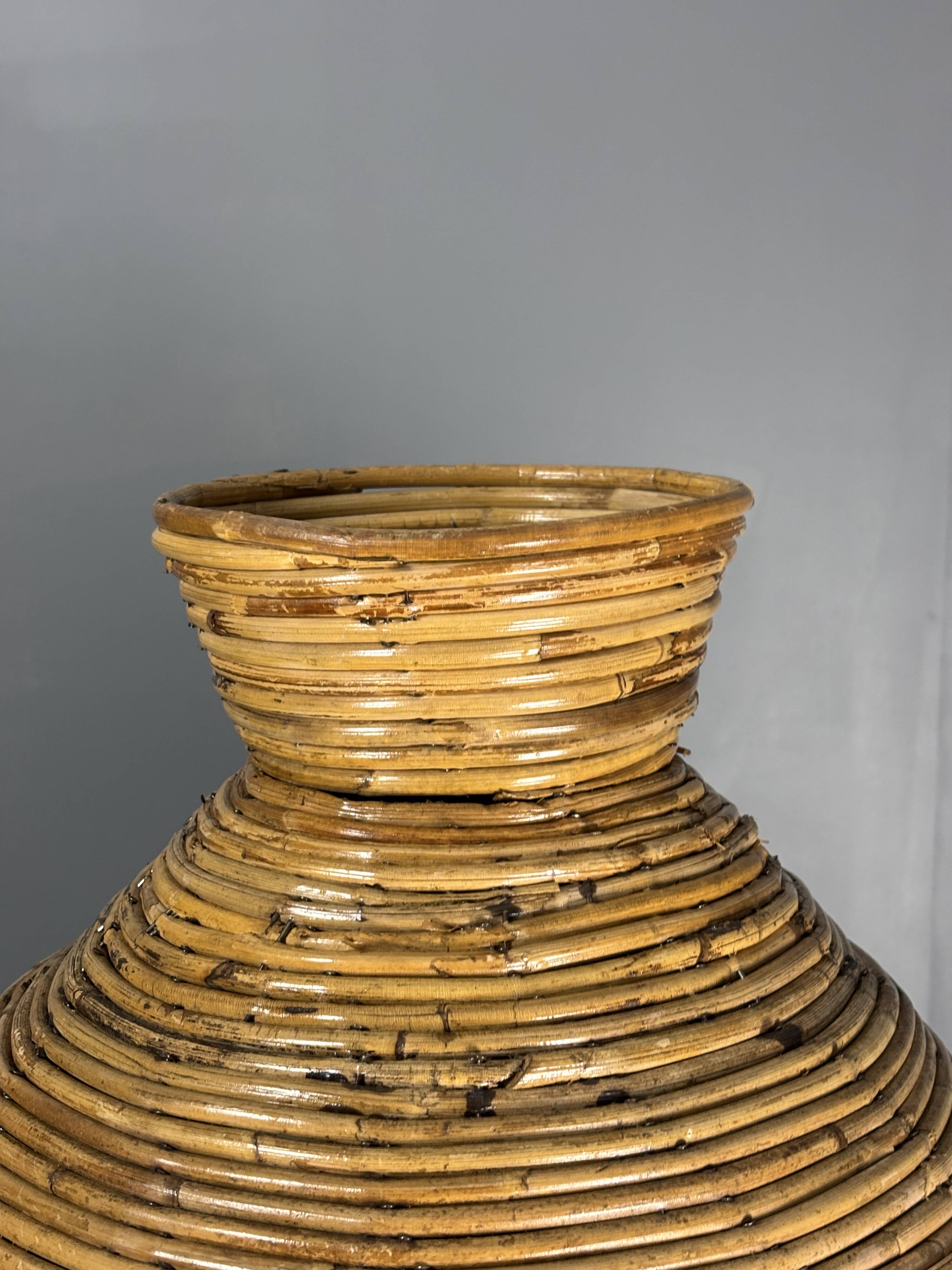 Midcentury pair pencil rattan large ( 62 cm ) pendants, Italy 1970s