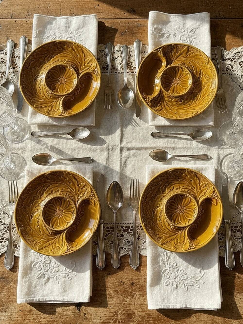 Set of plates, artichoke dishes, mustard yellow earthenware Gien vintage