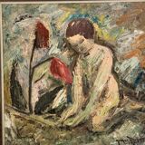 Peinture à l'huile sur panneau suédoise « Femmes abstraites et fleurs », milieu XXème