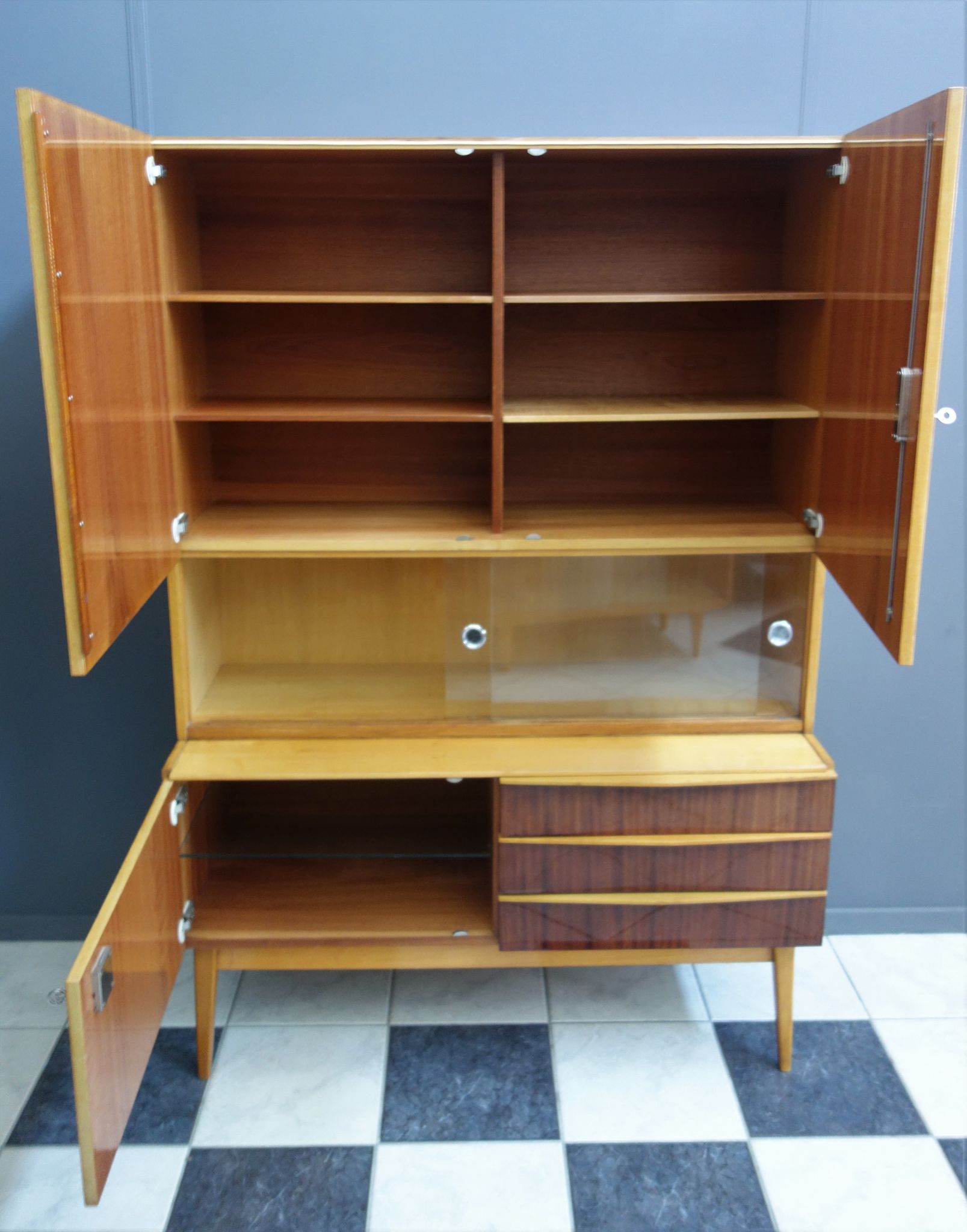 Highboard in two-tone wood with showcase part 1960s by Jitona Czech republic