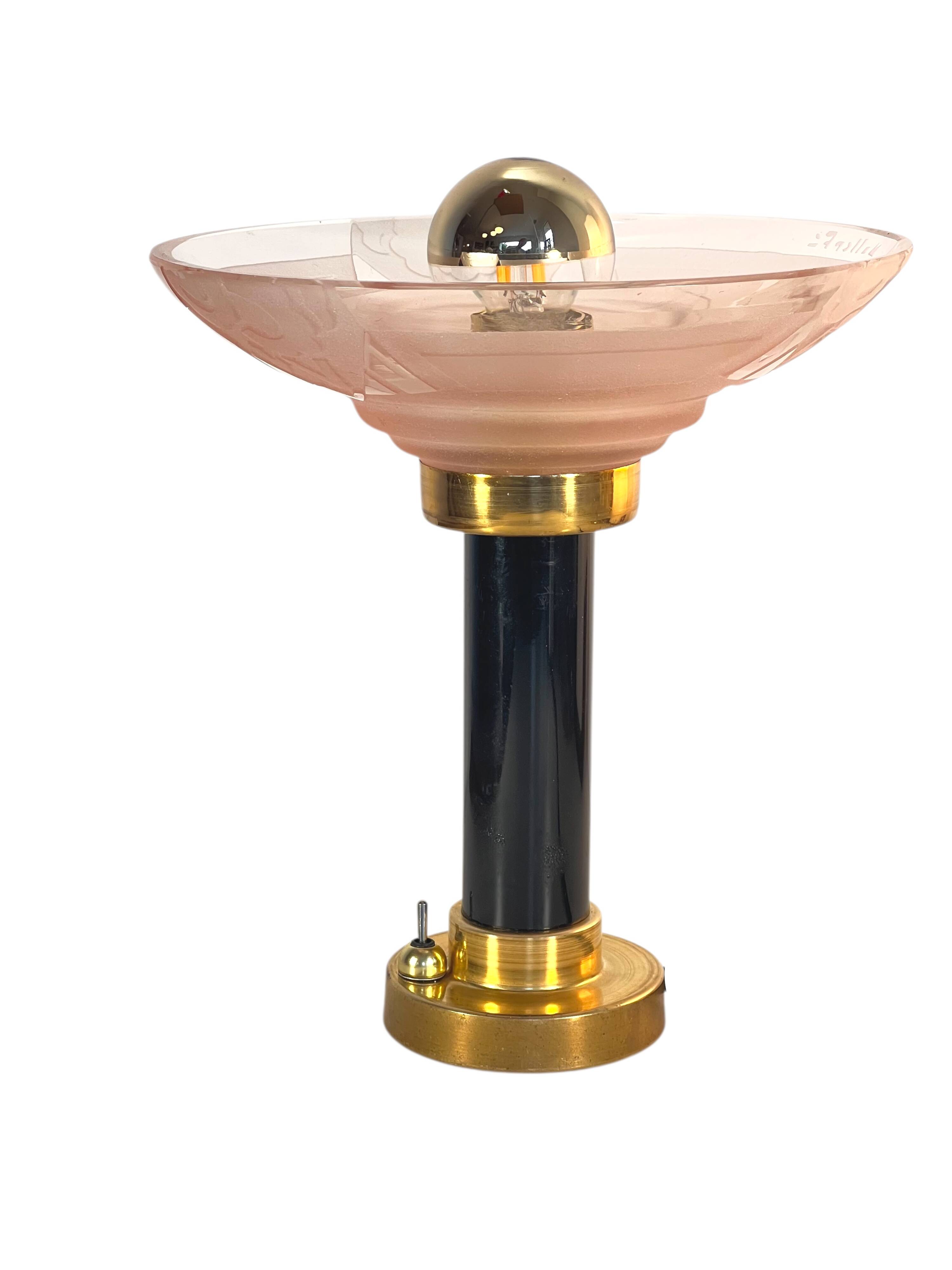 Art Deco bedside lamp with signed Muller glass.
