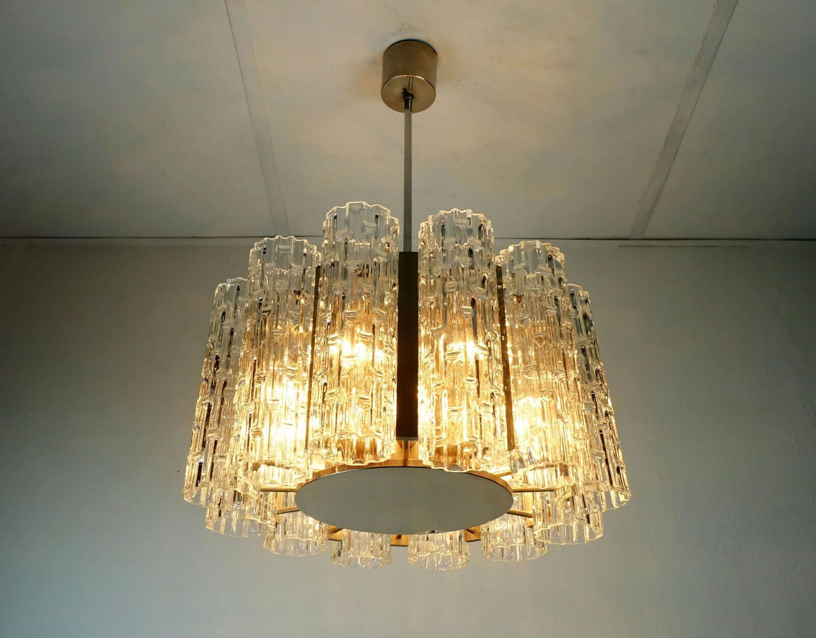 1960s kaiser mid century CHANDELIER chrome hanging light with 12 glass tubes