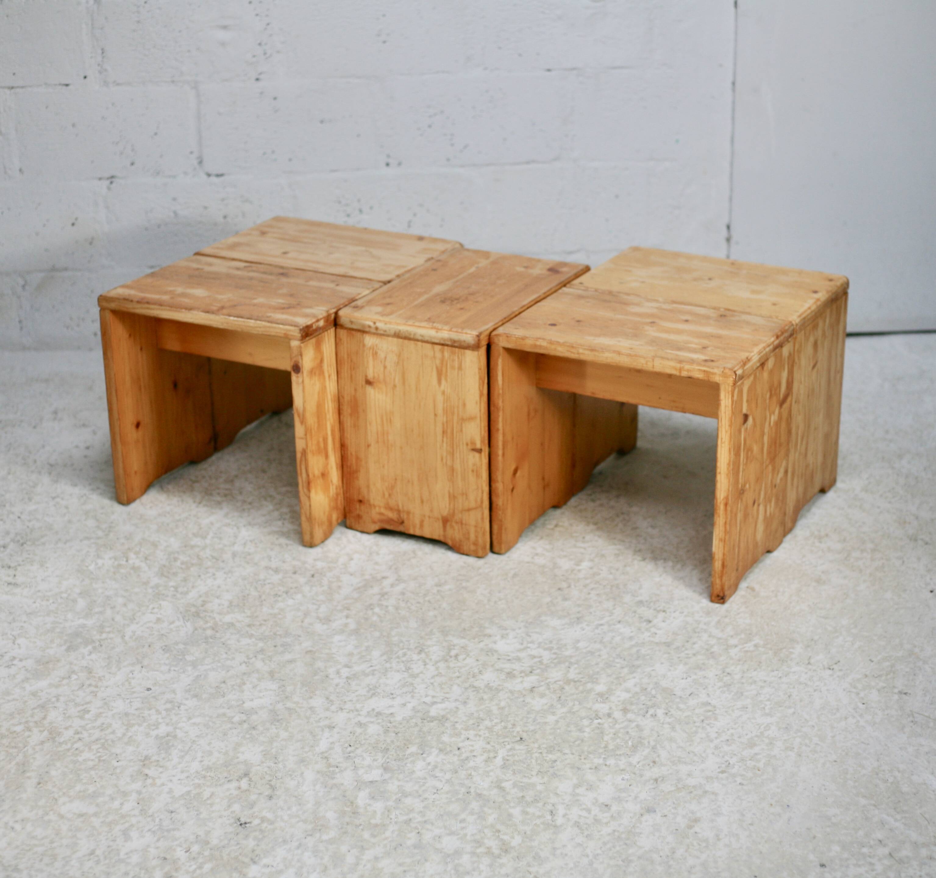 Selection by Charlotte Perriand for Les Arcs, set of 5 pine stools. France, circa 1960