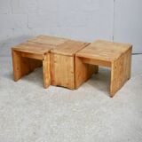 Selection by Charlotte Perriand for Les Arcs, set of 5 pine stools. France, circa 1960