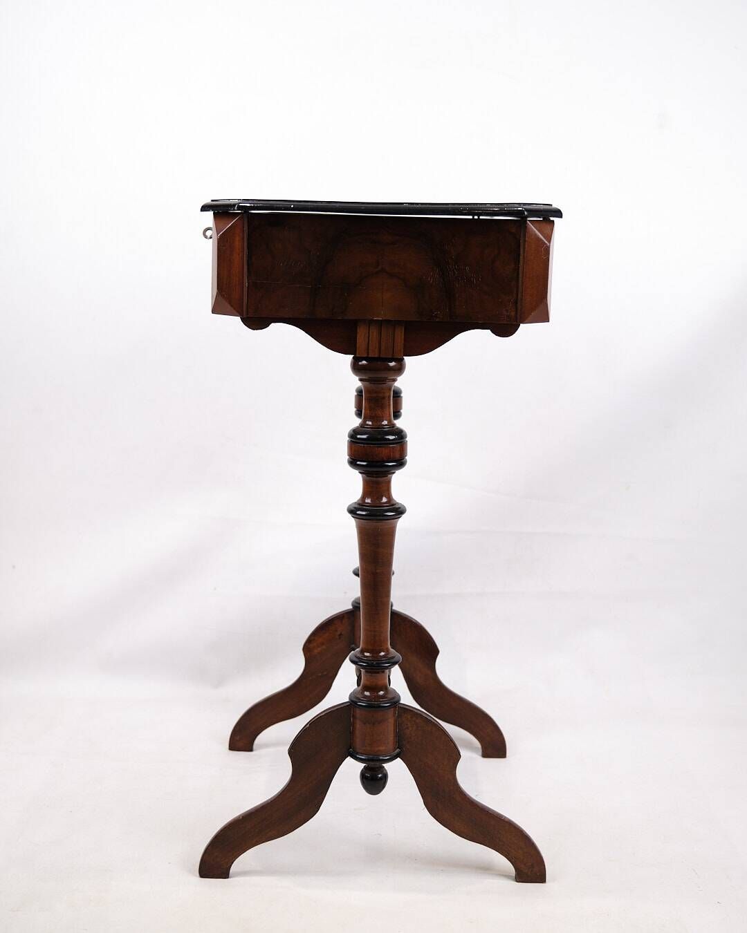 Antique sewing/side table with built-in storage - hand polished mahogany - turned legs - year 1890s