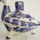 Pair of bird candlesticks in blue white, Skyros earthenware