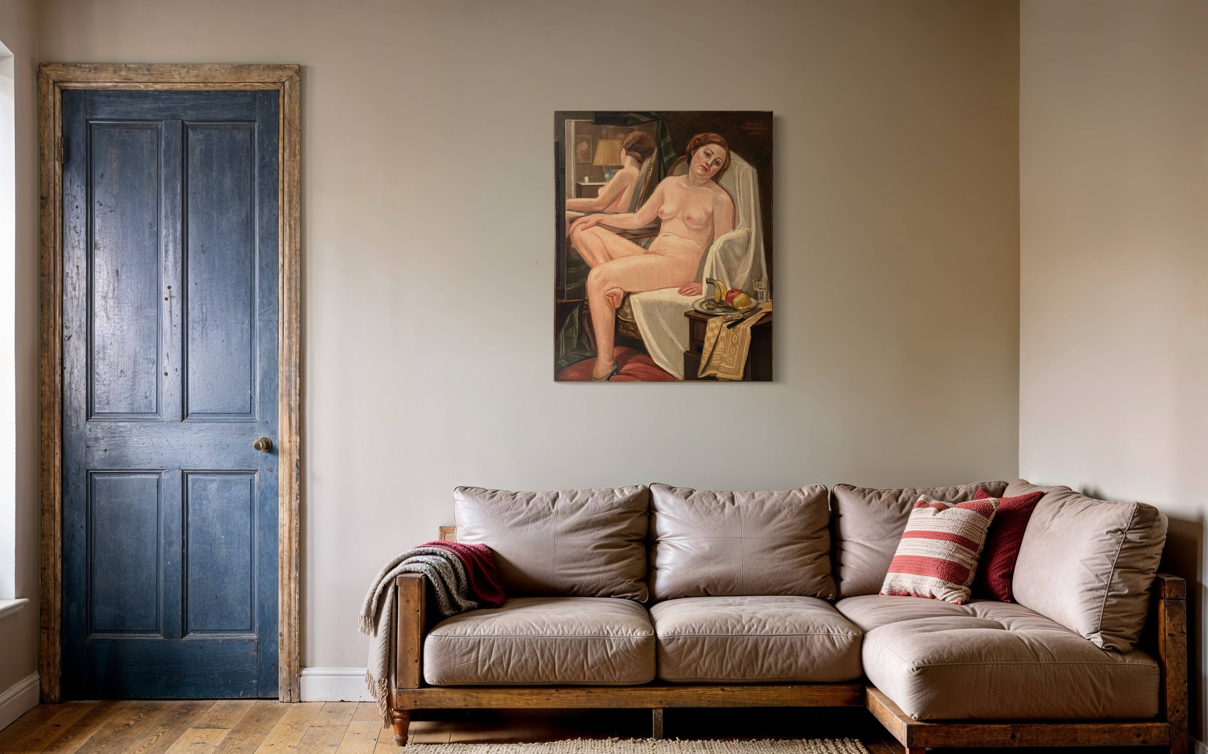 Oil painting on canvas of a nude woman in Art Deco style, old portrait.