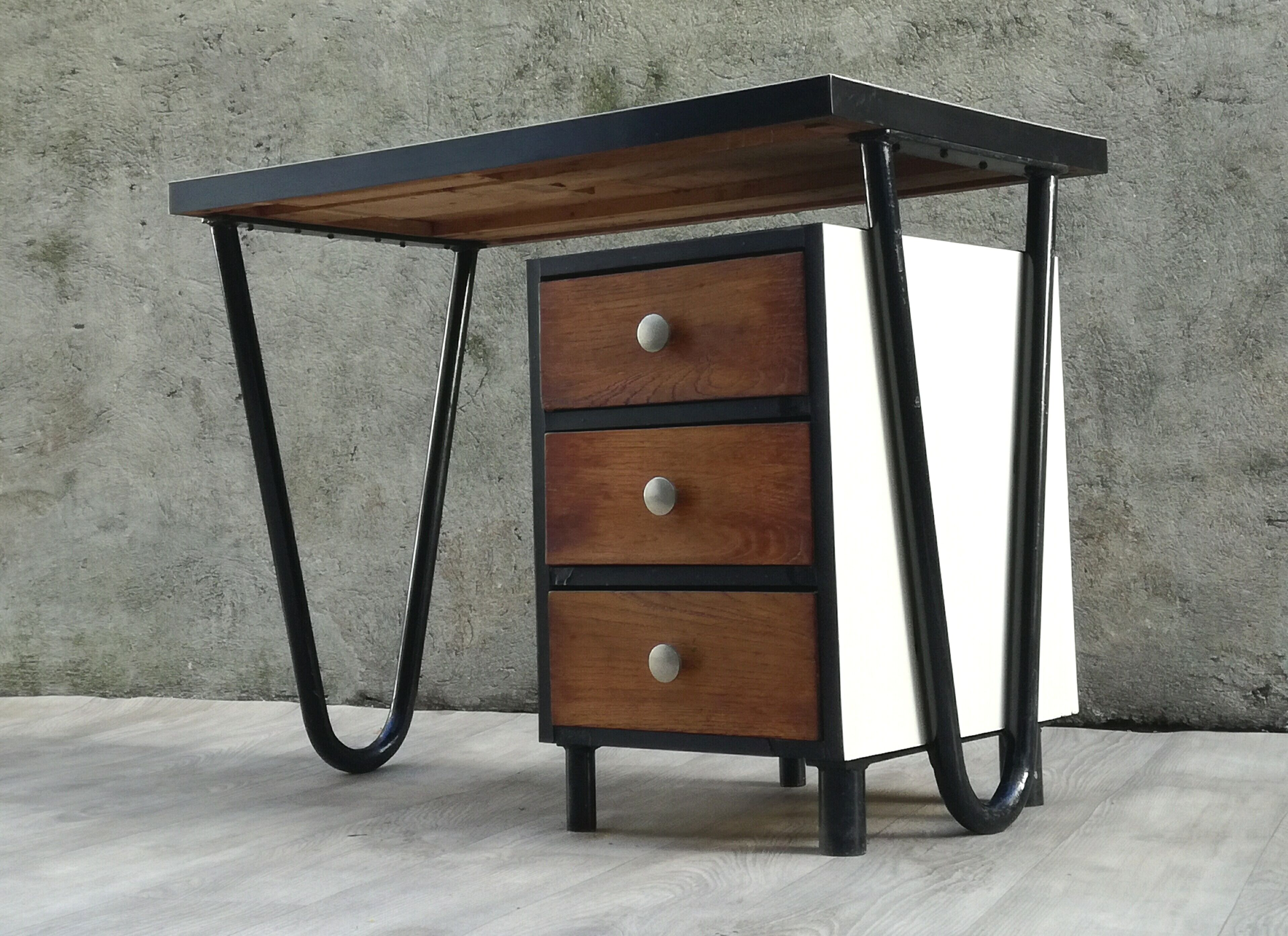 Modernist desk in metal and wood, 1950 s