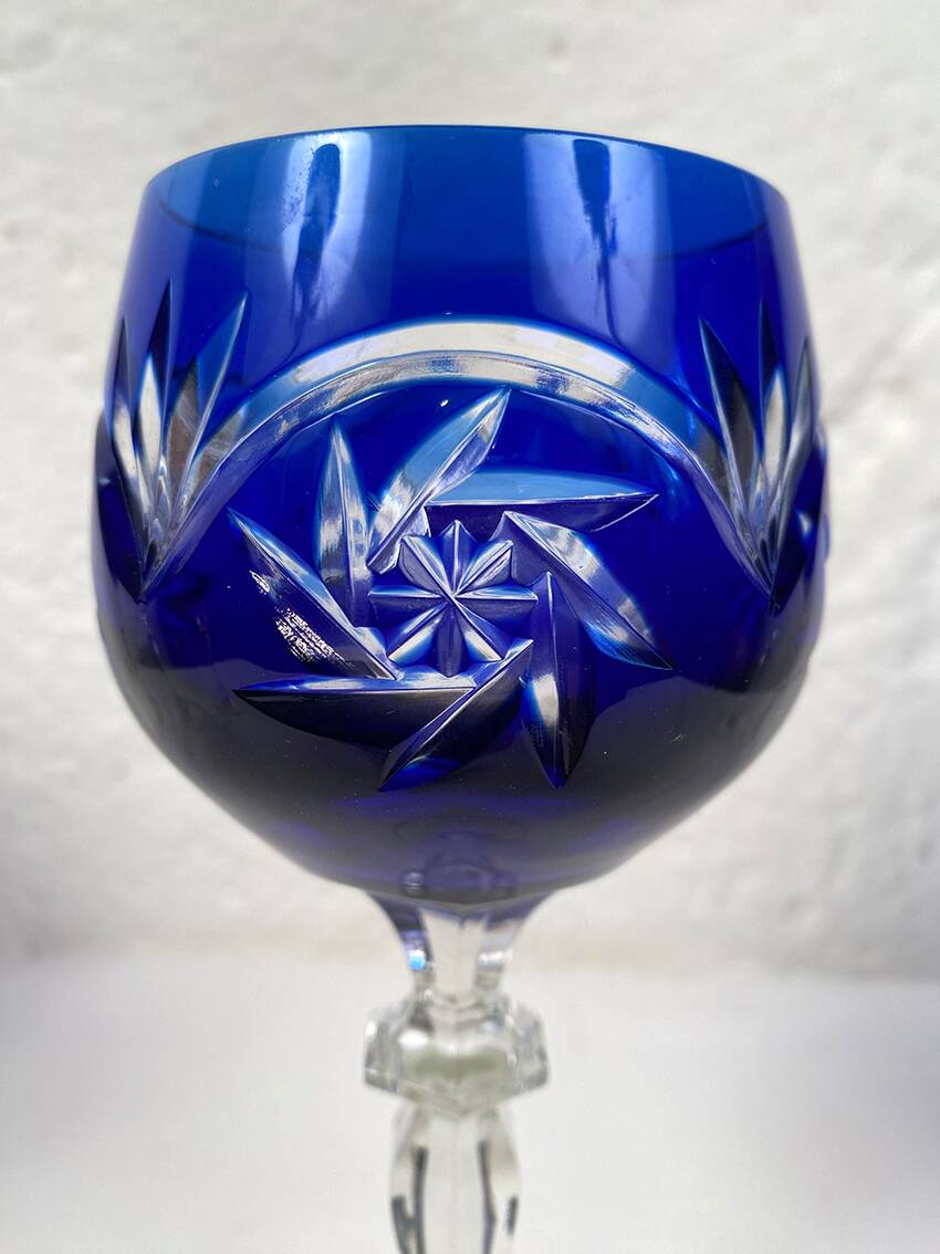 Bohemia. Series of six cut crystal wine glasses from the Rhine in blue.