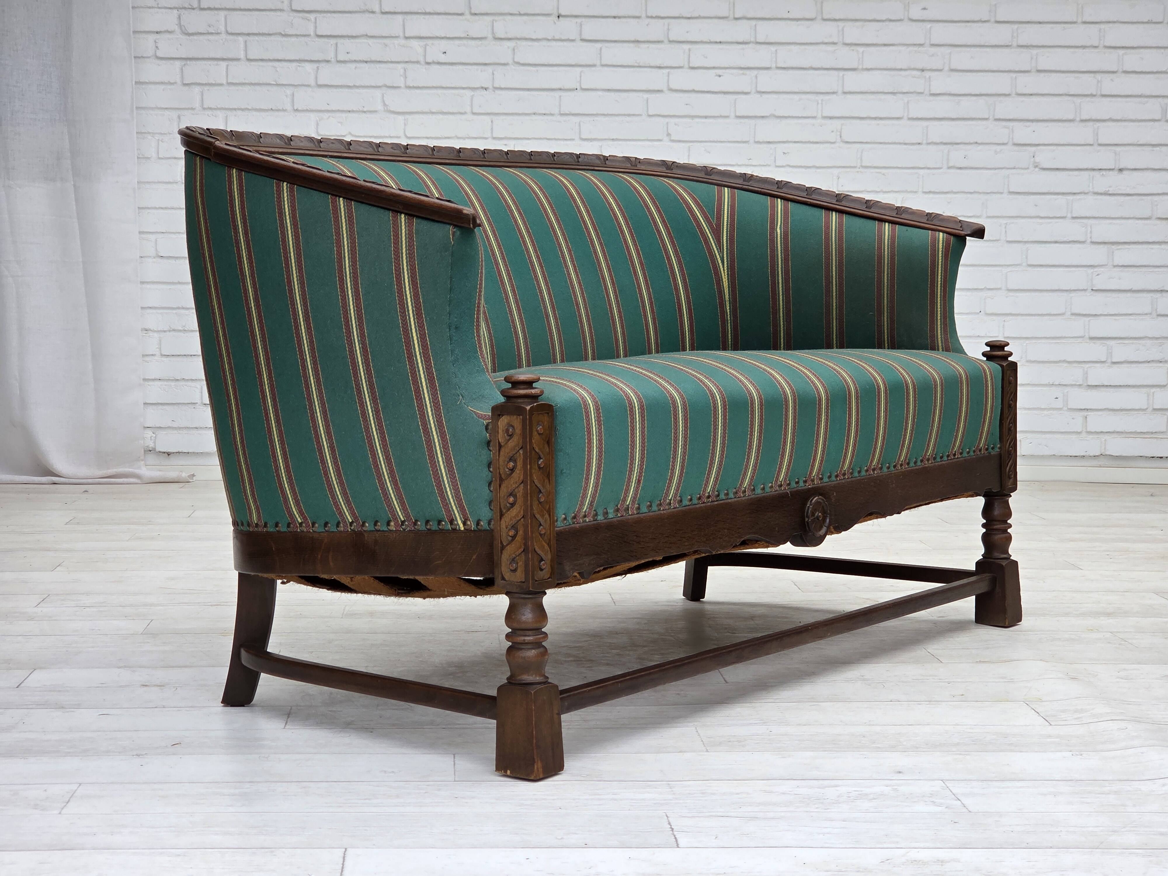1950s, Danish 2-seater sofa, green furniture wool, oak wood.