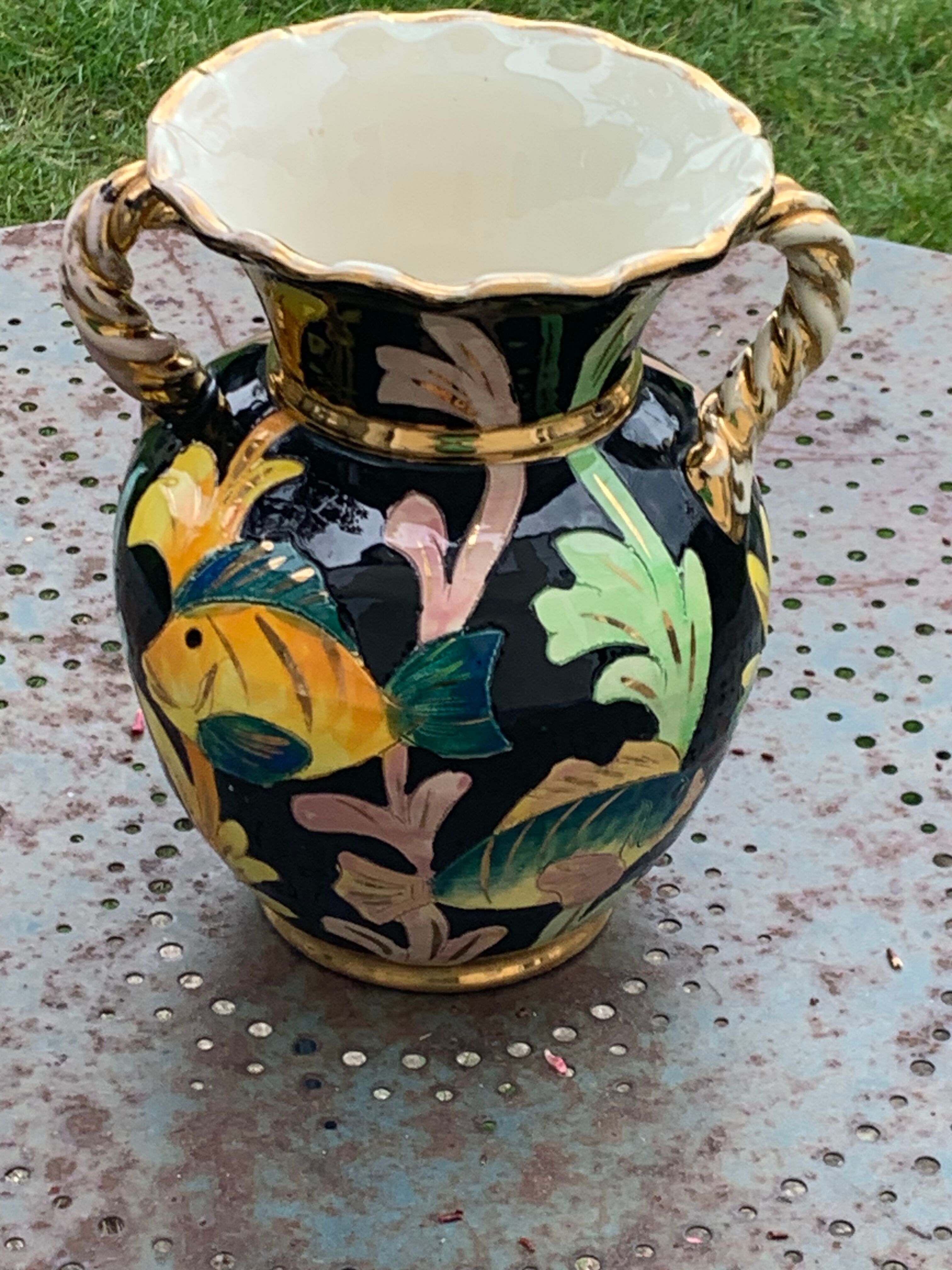 Amphora vase in glazed ceramic vintage vallauris fish motifs