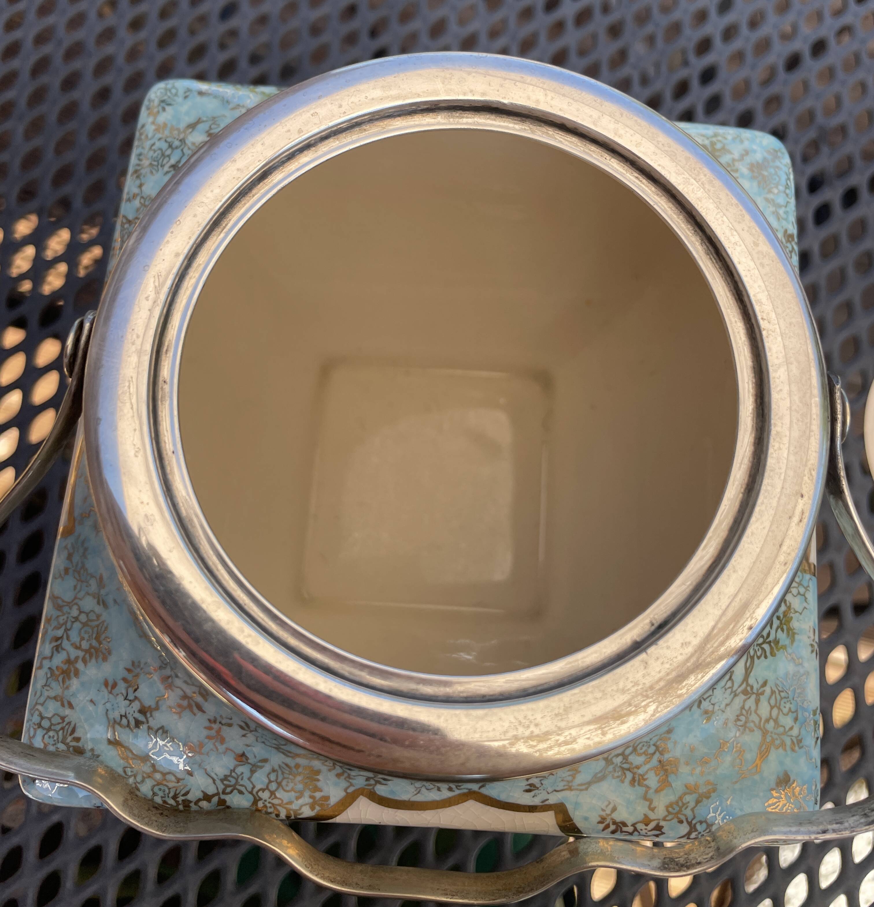 ENGLISH PORCELAIN BISCUIT BARREL ALICE BLUE AT TEA TIME DELICACIES