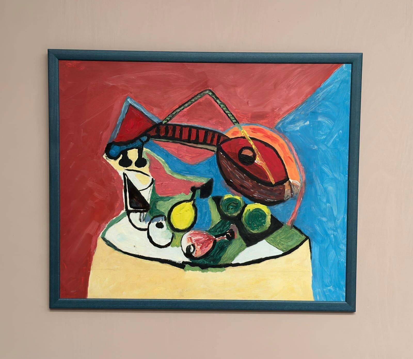 Original Swedish Oil On Panel – “Sitar And Fruit” – Vintage & Framed – 57 × 69 Cm (22.4" × 27.2")