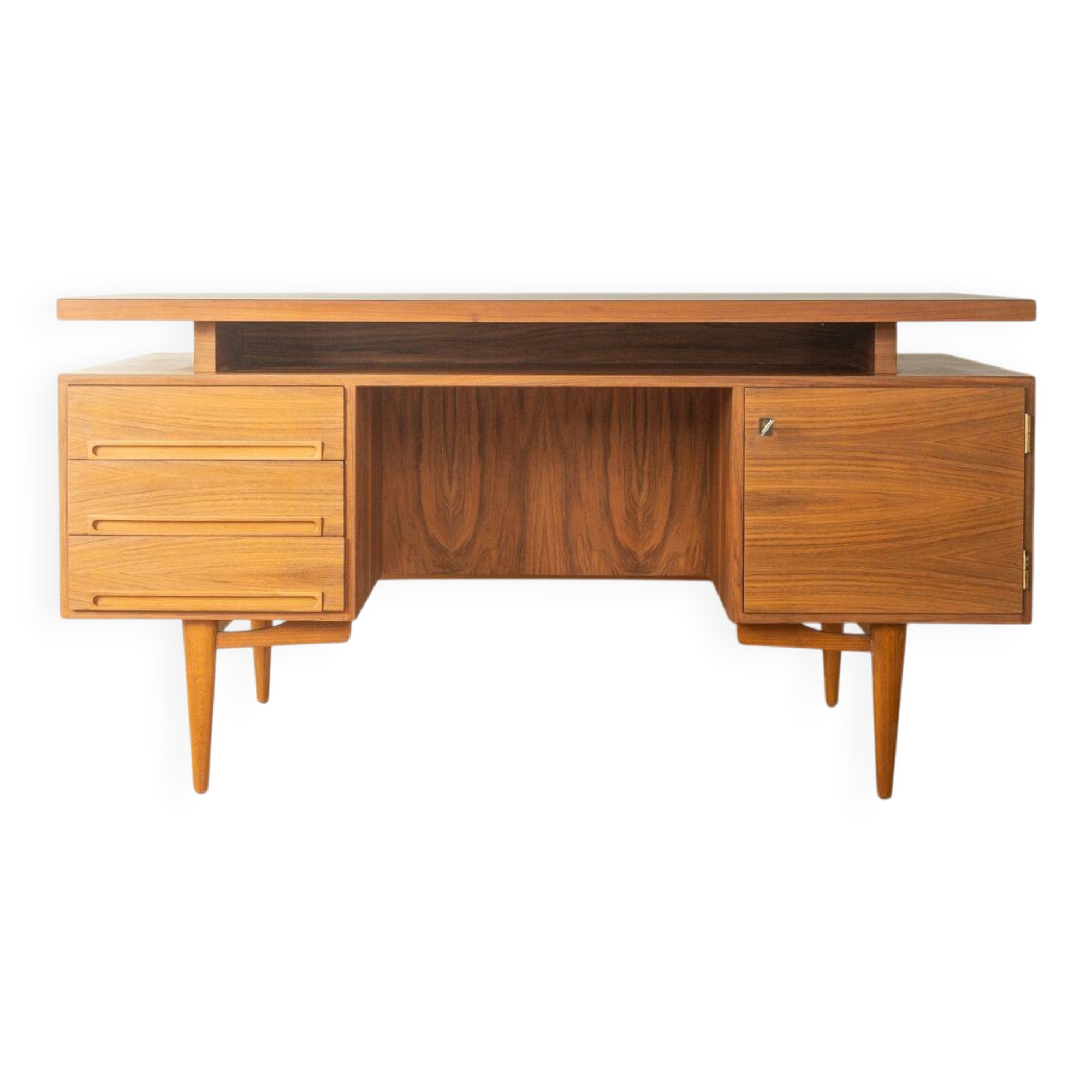 1960s walnut veneer desk with drawers and cabinet
