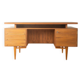 1960s walnut veneer desk with drawers and cabinet