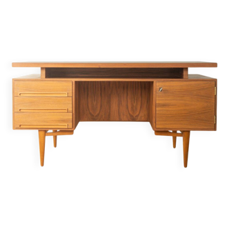 1960s walnut veneer desk with drawers and cabinet