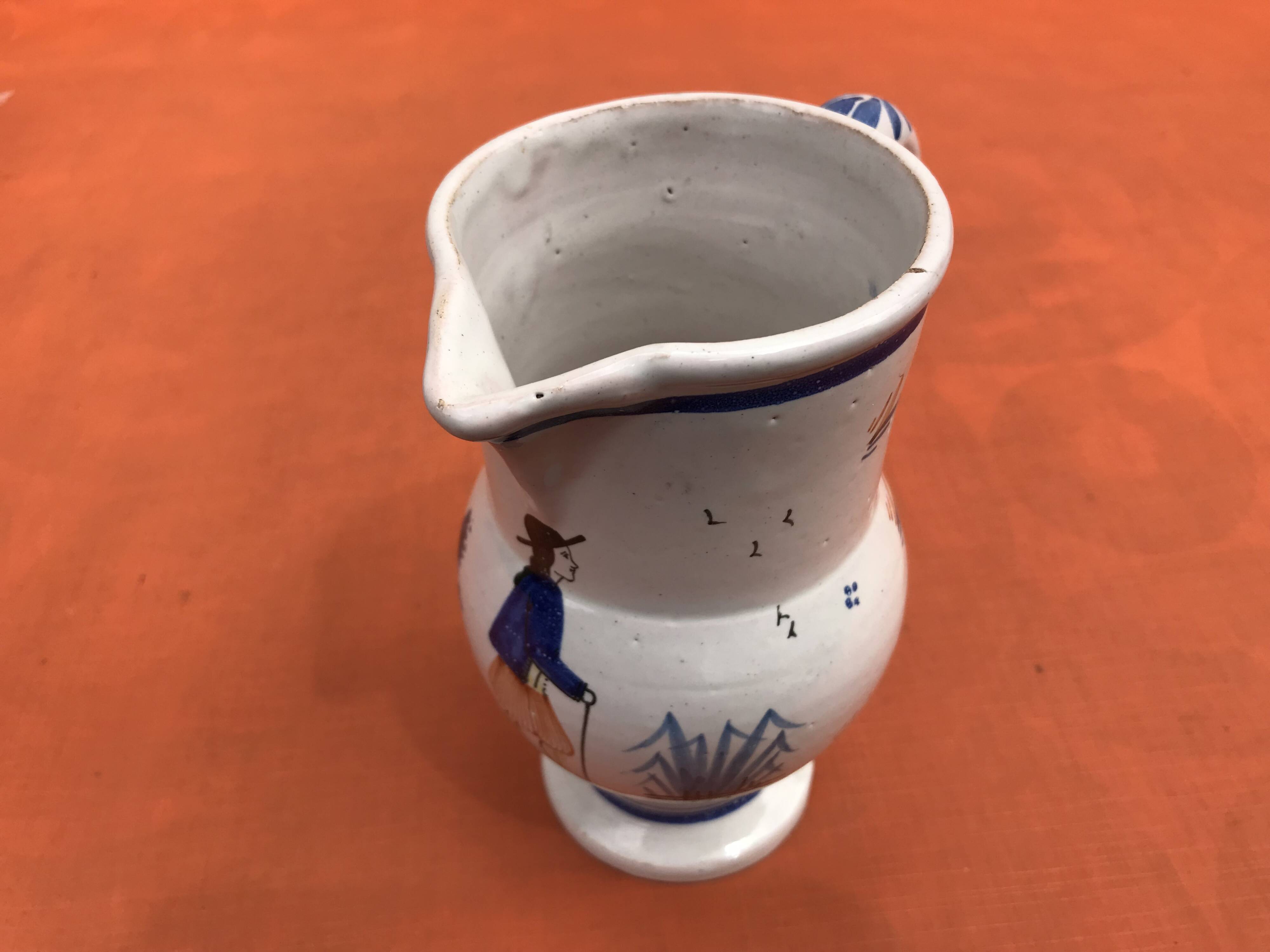 Old pitcher with Breton decoration, Quimper earthenware, HB Quimper