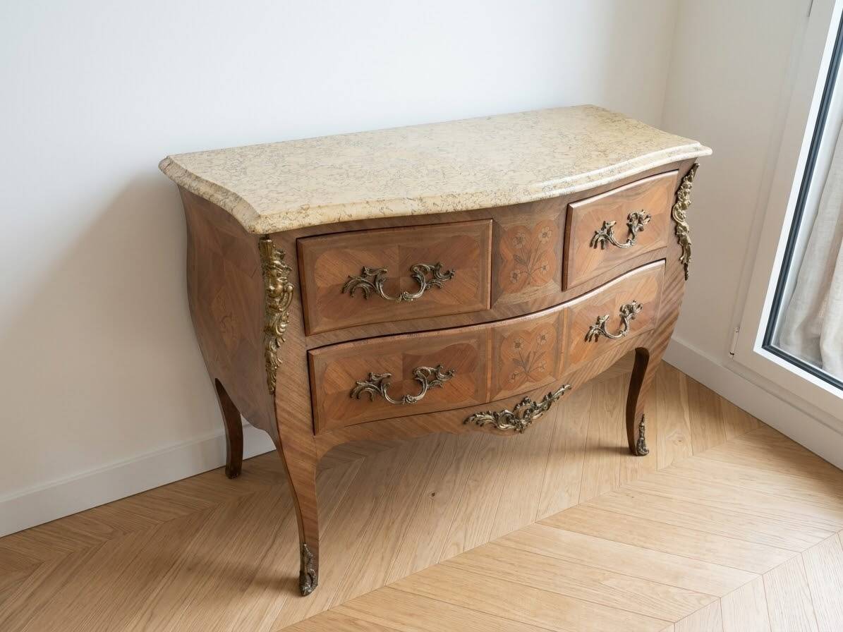 Louis XV style commode in marquetry – Marble top – Bronze fittings