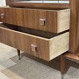 Vitrine des années 60 en palissandre, acajou et poignées cuir