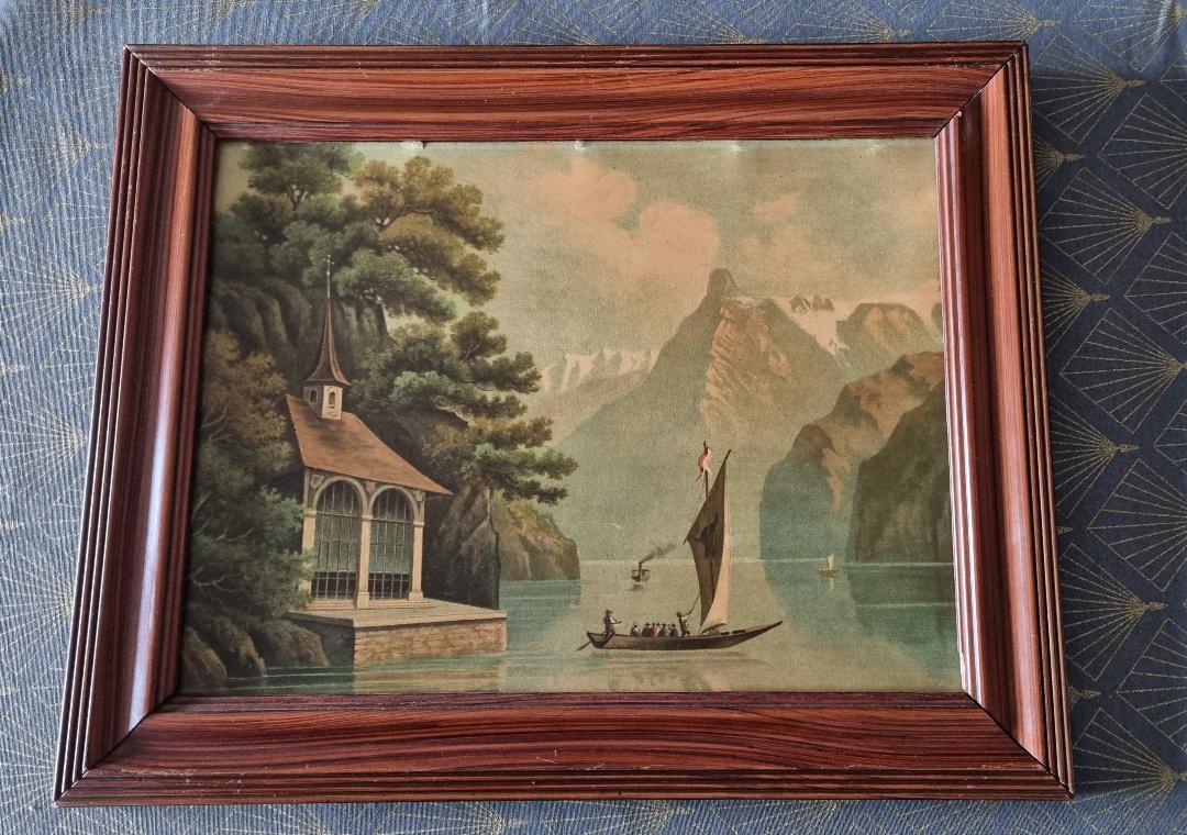 Old painting, oil on wood, representing Lake Annecy.