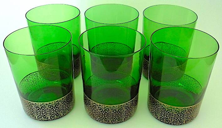 Set of six green smoked crystalline whiskey glasses
