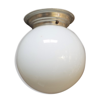 Plafonnier opaline boule et aluminium