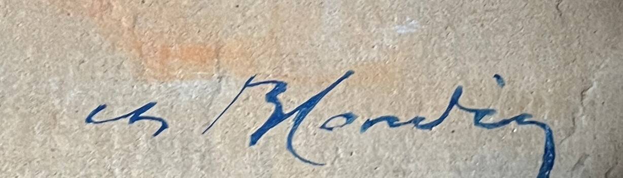 Sunny terrace table on market day signed (Ch. Blondel?)