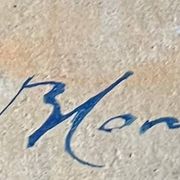 Sunny terrace table on market day signed (Ch. Blondel?)