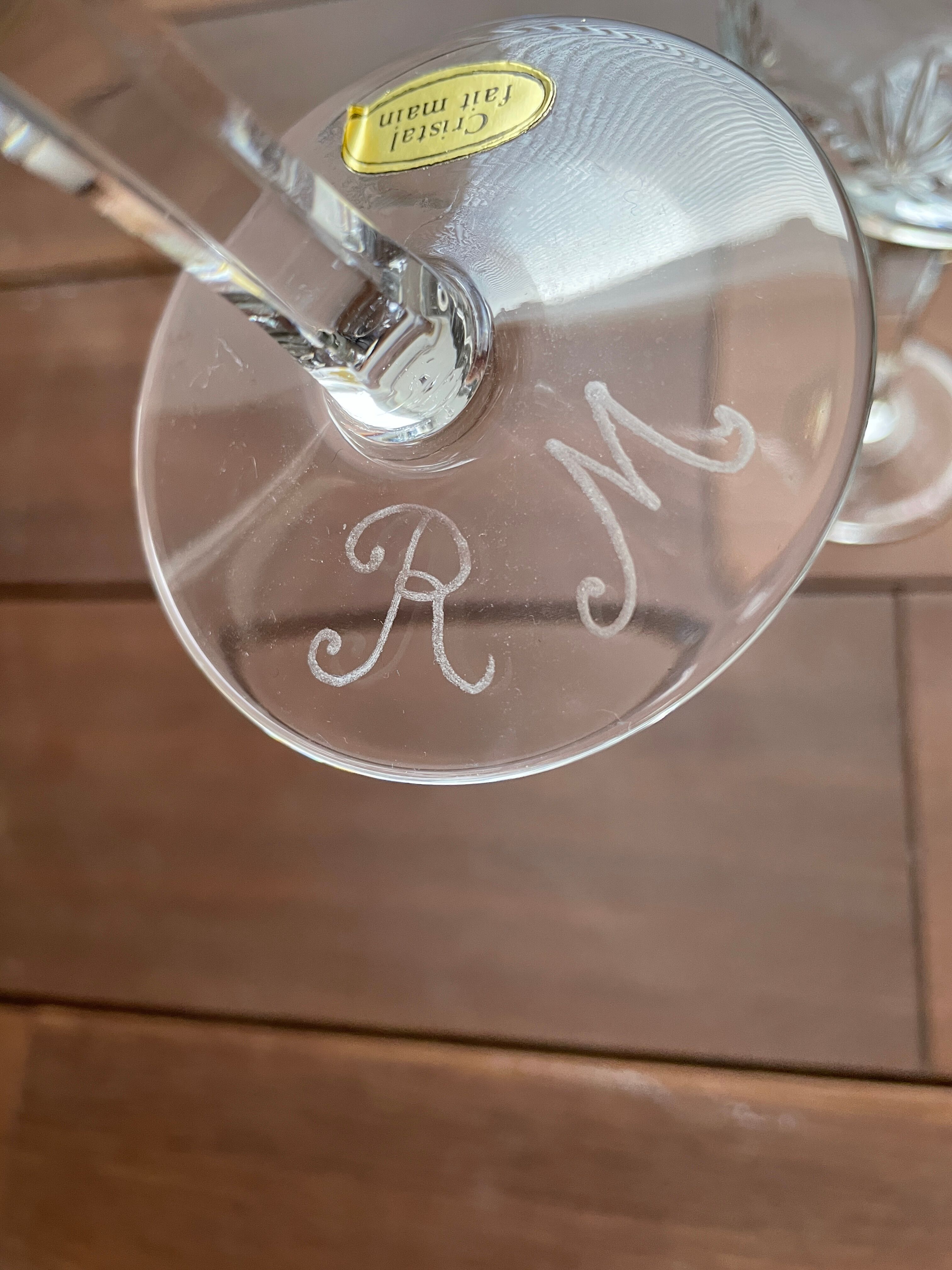 6 engraved crystal stemmed glasses