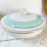 Vintage white and green porcelain tureen, Luneville, Epinay, France, 1950s