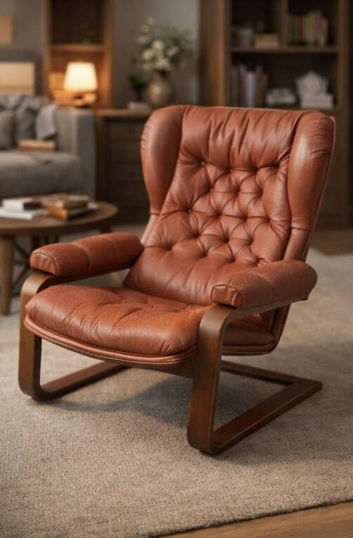 Sculptural Ear-Back Lounge Armchair — Moulded Wood — Deep Button