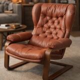 Sculptural Ear-Back Lounge Armchair — Moulded Wood — Deep Button
