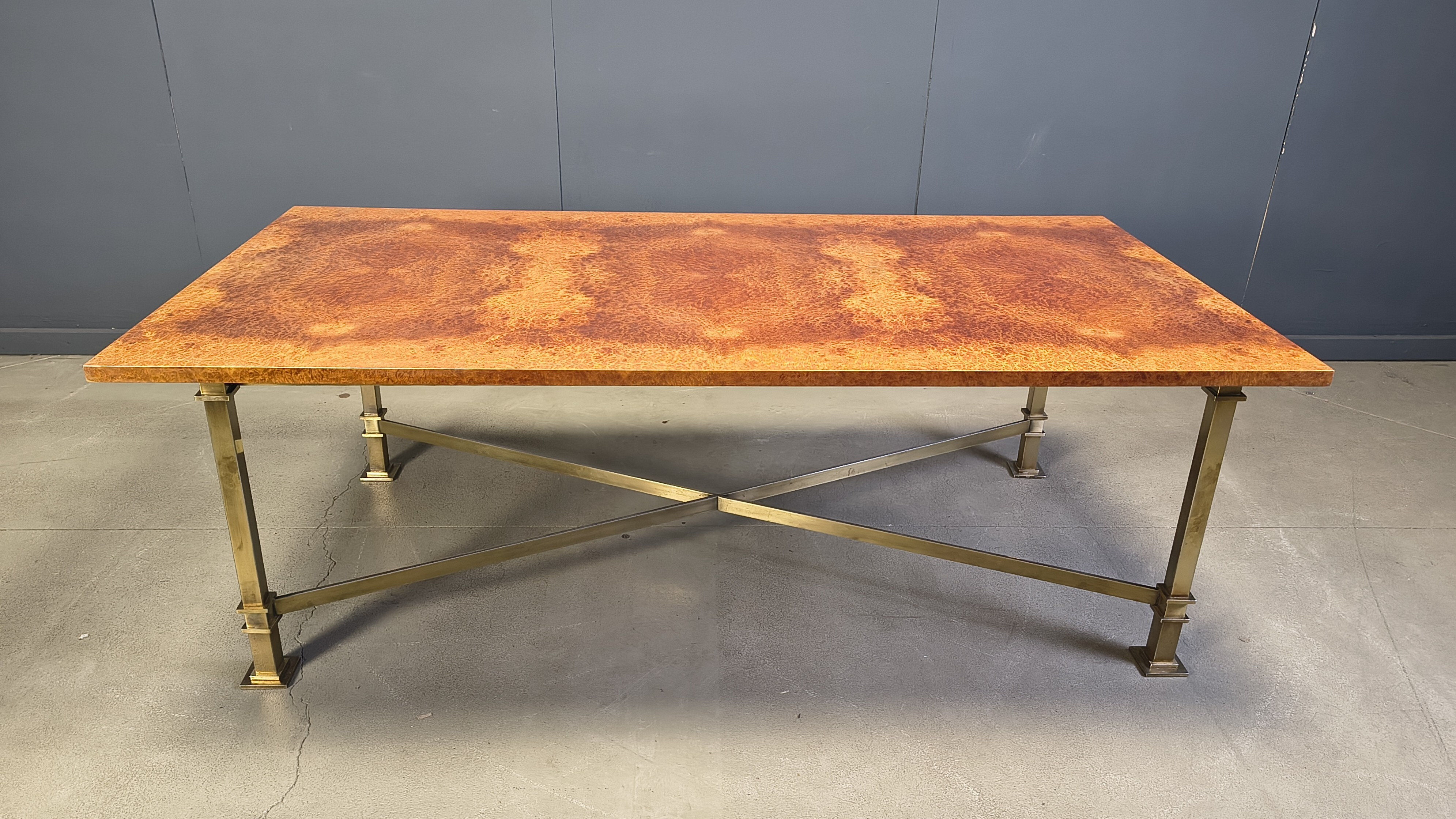 Vintage burl wood and brass dining table by Belgochrom, 1970s