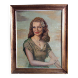 Huile sur panneau représentant le portrait d'une jeune fille souriante, milieu du XXe siècle