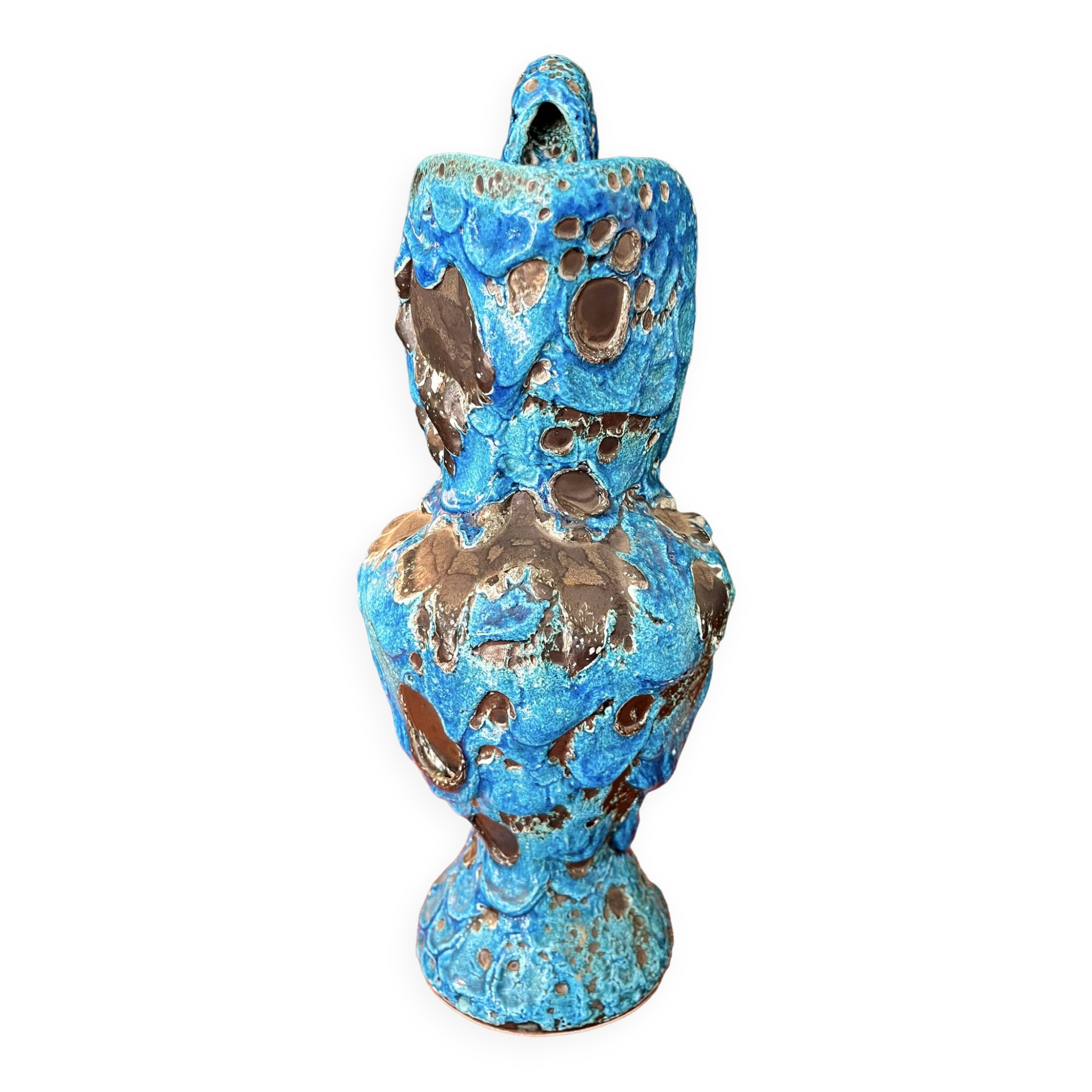 2 vases by charles cart in turquoise blue fat lava cyclops, 1960s, glacier enamels cyclops