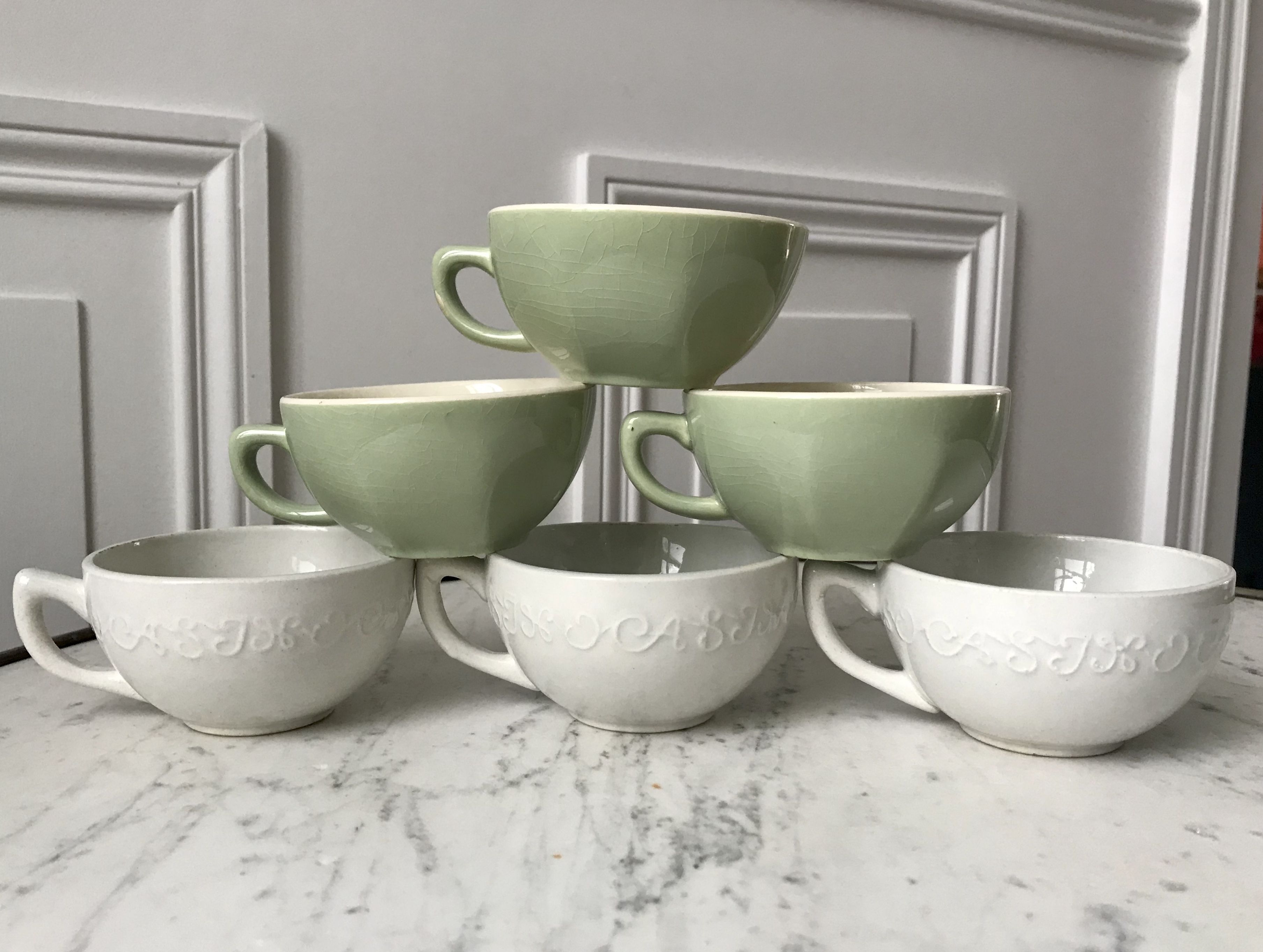 Set of 6 coffee cups Digoin letters and Villeroy & Boch green sage 50s-60s