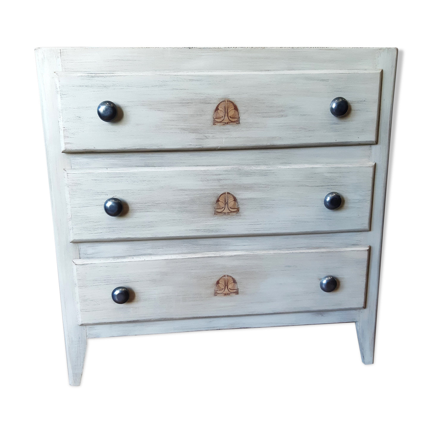 chest of drawers old wood (fir and plywood) 30s, three drawers, round buttons white metal pl