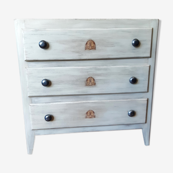 chest of drawers old wood (fir and plywood) 30s, three drawers, round buttons white metal pl