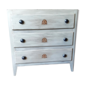 Commode ancienne bois sapin et contreplaqué années 30, trois tiroirs, boutons ronds métal blanc pl