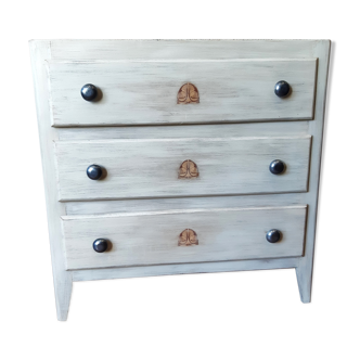 chest of drawers old wood (fir and plywood) 30s, three drawers, round buttons white metal pl